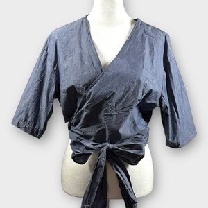 Grammar NYC Wrap Blouse Top Women's Large L Blue Organic Cotton Short Sleeve